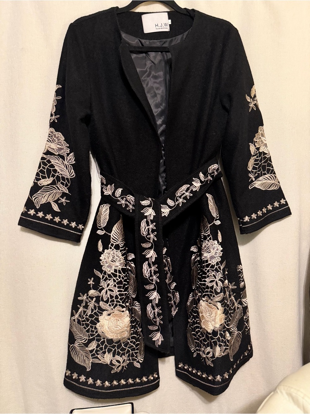 H.W.J Embroidered Black Floral Belted Coat